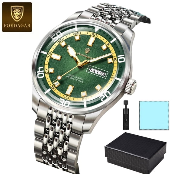 POEDAGAR Men Stainless Steel Quartz Watch Luxury Military Casual Wrist Watch with Luminous Hands Date Week Display Hardlex Crystal Waterproof Dress Wristwatch with Gift Box