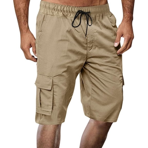 Mens Military Cargo Shorts with Multi-Pocket Elastic Waist Short Pants Drawstring Ripstop Straight Leg Camo Cargo Short Military Outdoor Breathable Hiking Fishing Pants,Beige L
