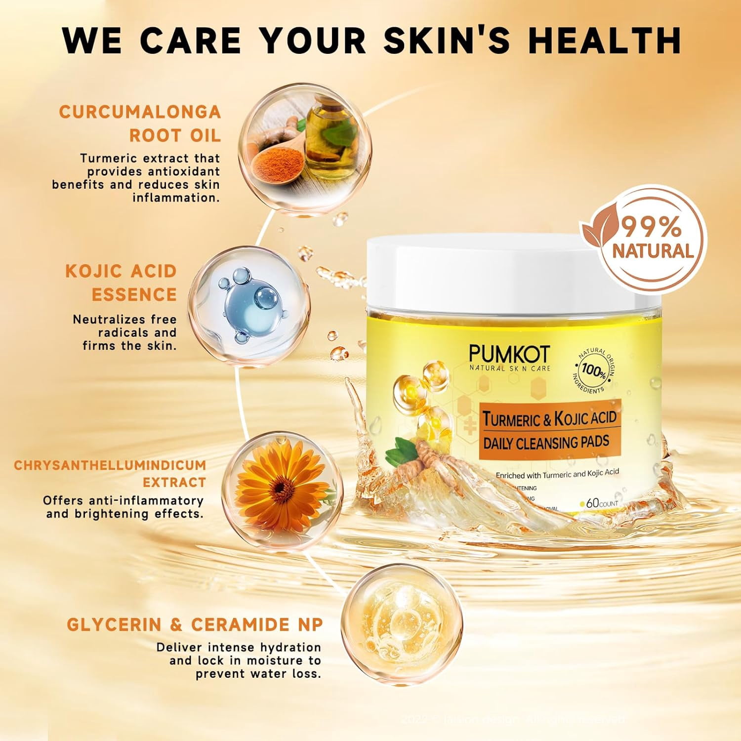 Kojic Acid and Turmeric Cleansing Pads, Turmeric Cleansing Pads, Face Turmeric Kojic Acid Pads, Helps Balance Skin Oil And Water - 60 Pack