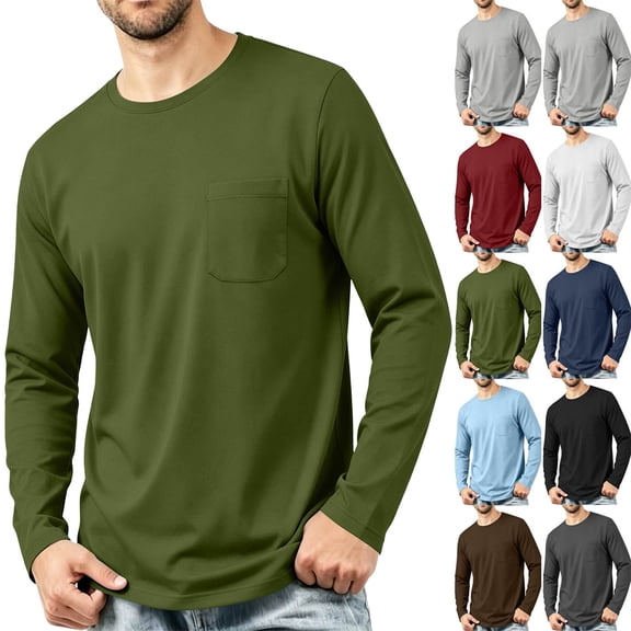 Men's Casual Loose Fit Long Sleeve Chest Pocket T-Shirt Versatile Autumn Winter Top