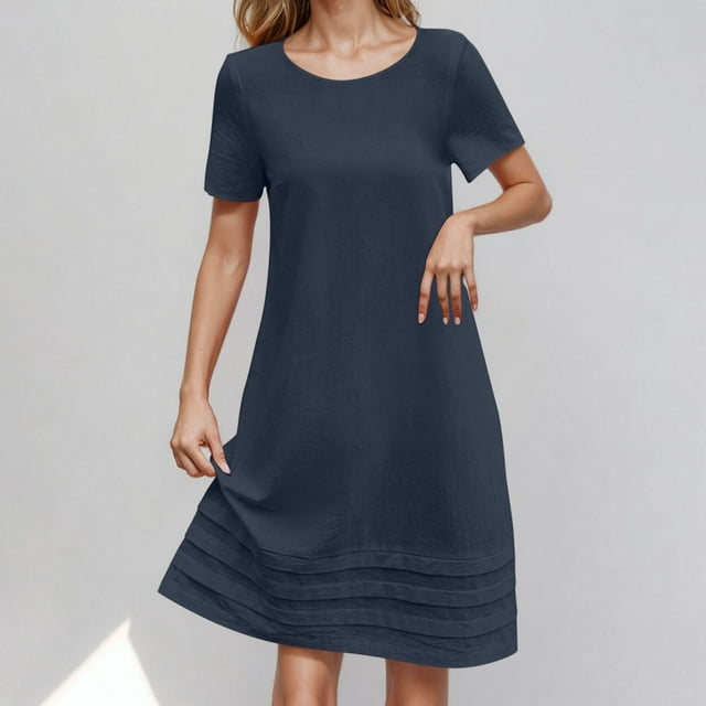 Robes de Plage pour Femmes 2025 Robe d'Été en Coton et Lin à Manches Courtes Col Rond Plissé avec Ourlet Jupe Longue