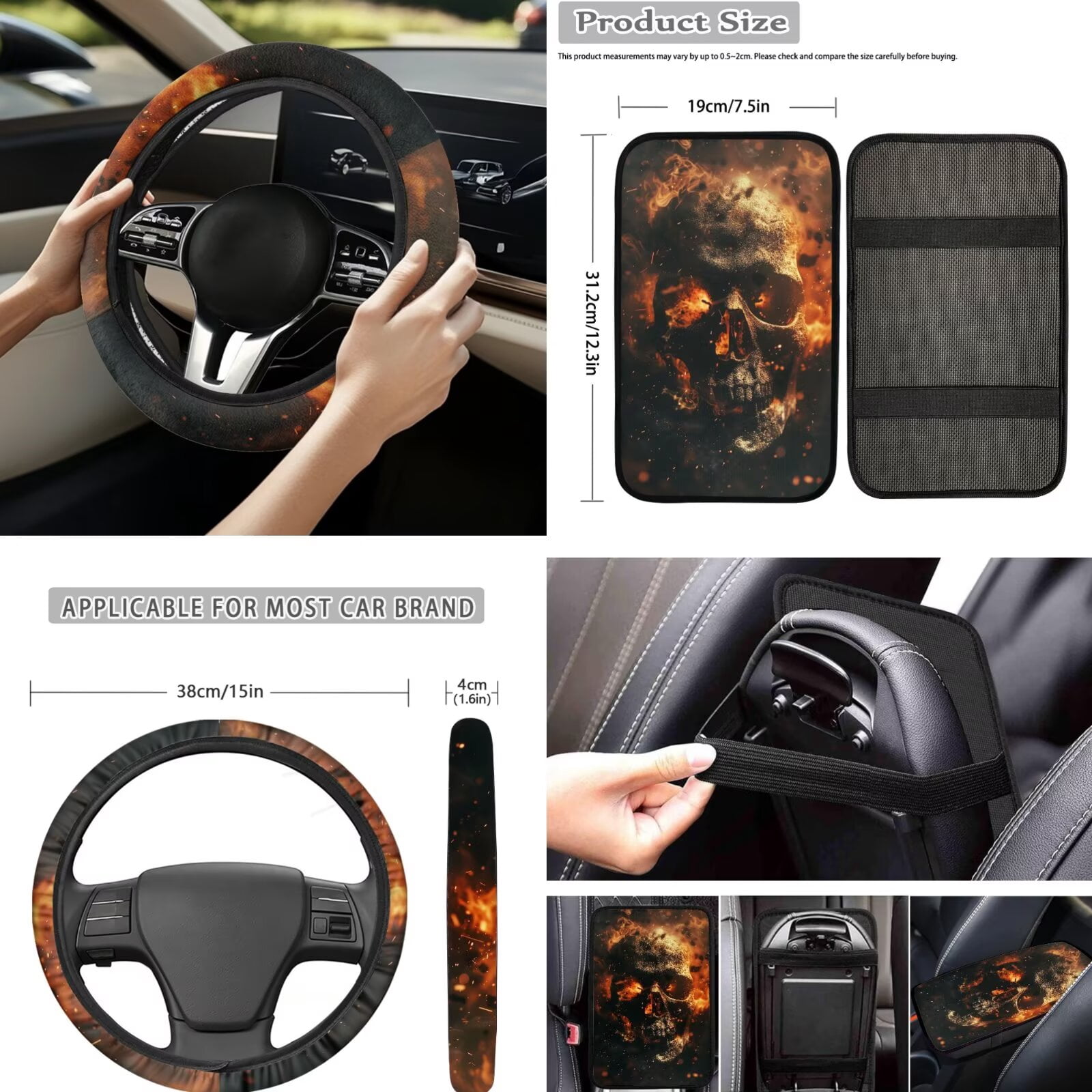 Chririnla Flame Skull Car Seat Cover Full Set for Women Men Soft Car Seats Covers for Front Rear 14Pcs Sets with Coasters, Gear Shift Cover, Steering Wheel Cushion Vehicle Interior Decoration
