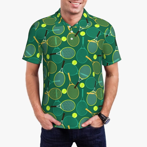 Fotbe Tennis Rackets and Balls Camiseta Polo de Golf para Hombre con Estampado – Camisa Deportiva Transpirable con Cuello Abotonado-Large