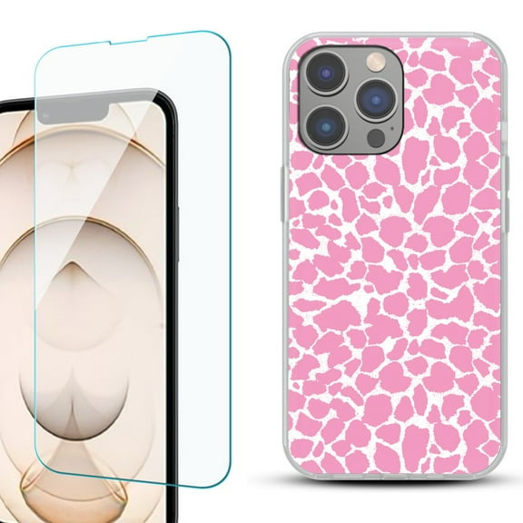 OneToughShield ® for iPhone 15 Pro Max Shockproof Fashion Phone Case, with Tempered Glass Screen Protector - Giraffe/Pink