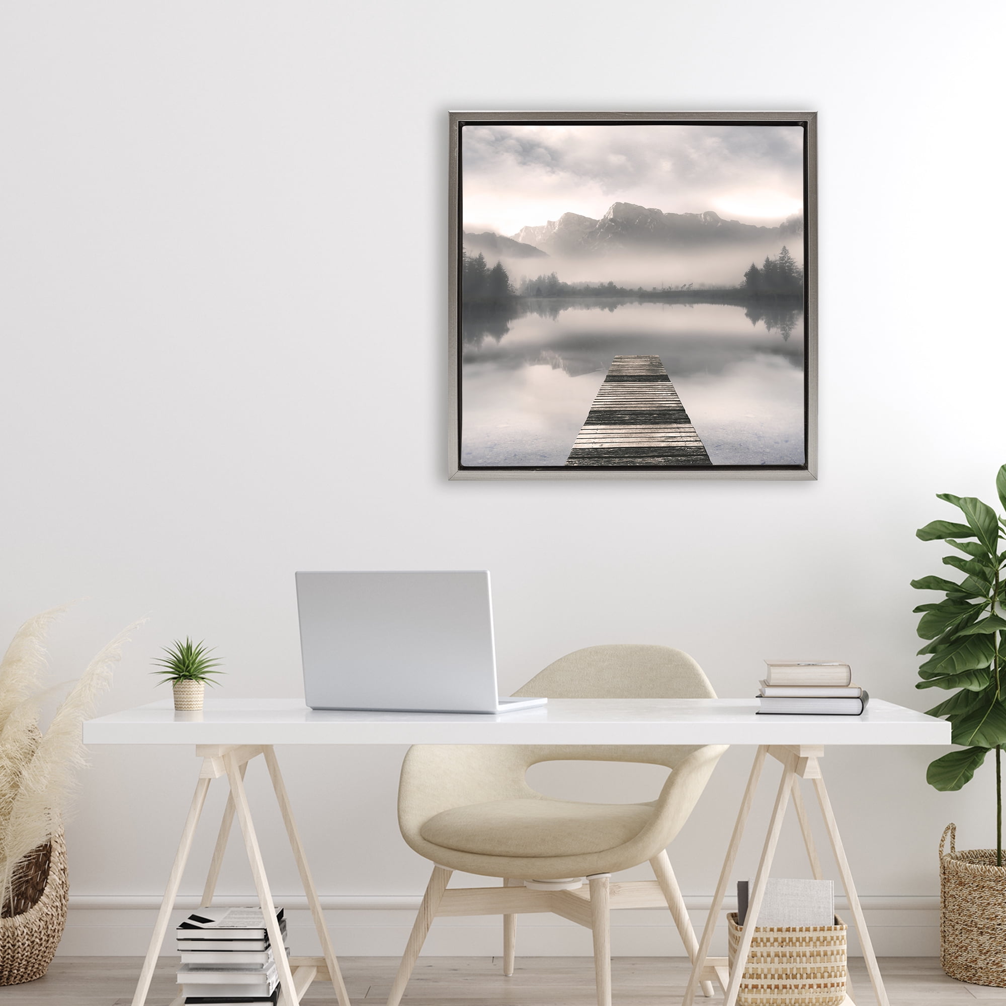 Stupell Industries Calm Reflective Waters & Mountains Gray Framed Floater Canvas Wall Art, design by Irene Weisz
