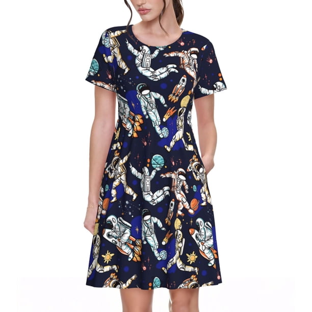 Balery Astronauts in sport Vestidos sueltos de manga corta para mujer, vestidos de verano 2025, vestidos casuales de corte A con vuelo.