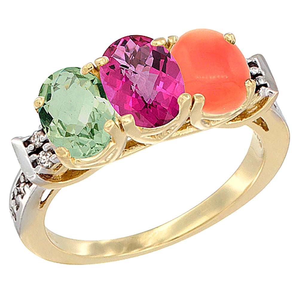 10K Yellow Gold Natural Green Amethyst, Pink Topaz & Coral Ring 3-Stone Oval 7x5 mm Diamond Accent, sizes 5 10 by WorldJewels