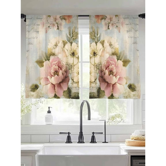 Vintage Pink Peony Sheer Curtains for Living Room Bedroom Spring Botanical Flowers Sheer Curtains 45 Inch Long 2 Panels Set Light Filtering Curtain Window Treatments Drapes for Dining Room