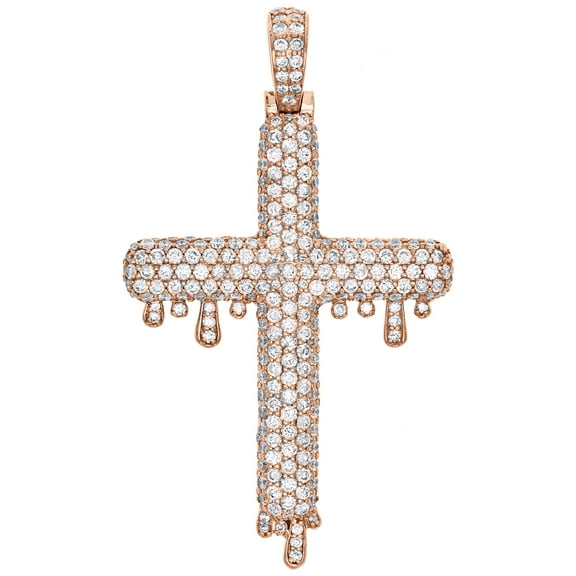 10K Rose Gold Genuine Round Diamond Drip Cross Pendant Mens 2" Charm 3.82 CT.