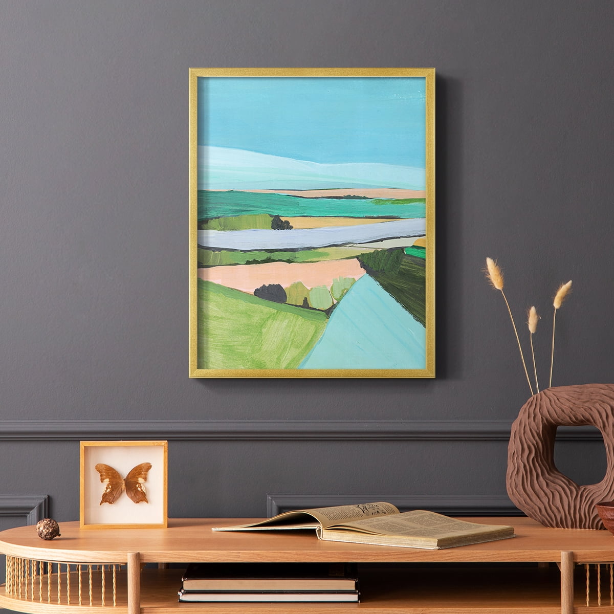 Bright Colored Countryside I Framed Print in Gold Solid Wood Framed Print No Nail Hanging