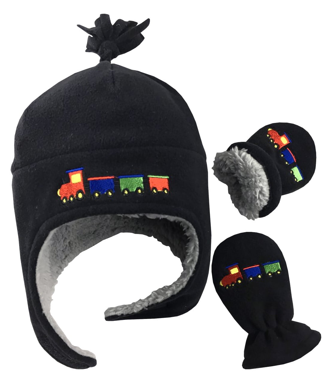 NIce Caps Little Boys and Baby Sherpa Lined Warm Fleece Pilot Hat Mitten Set Navy 4, 2-3 Years