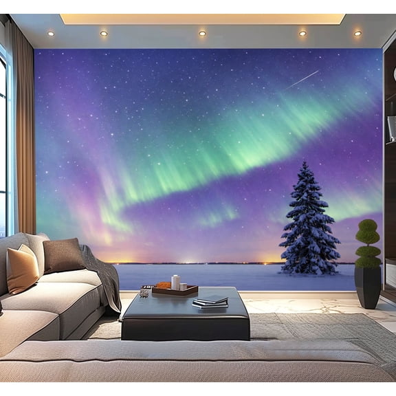 Peel and Stick Wallpaper Waterproof Aurora Borealis Night Sky Snowy Landscape Pine Wall Mural Decor Self Adhesive and Removable 100in x 144in