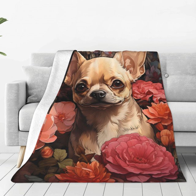 Balery Vintage Red Flower Chihuahua Manta de Felpa Suave y Acogedora – Cobija de Franela Aterciopelada para Cama, Lavable y Cálida para Sofá, Mascotas, Transpirable-50"x40"