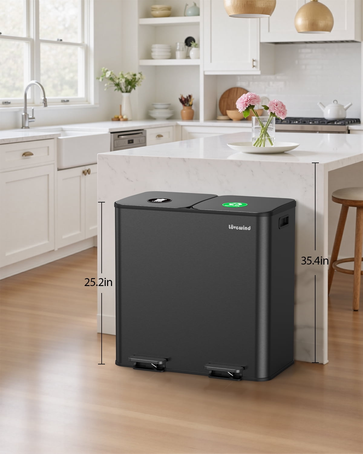 Dual Compartment Kitchen Trash Can, 2 x 10.5 Gallon Stainless Steel Garbage & Recycling Bin Combo for Kitchen, Soft Close Lids, Odor Proof, Hands Free
