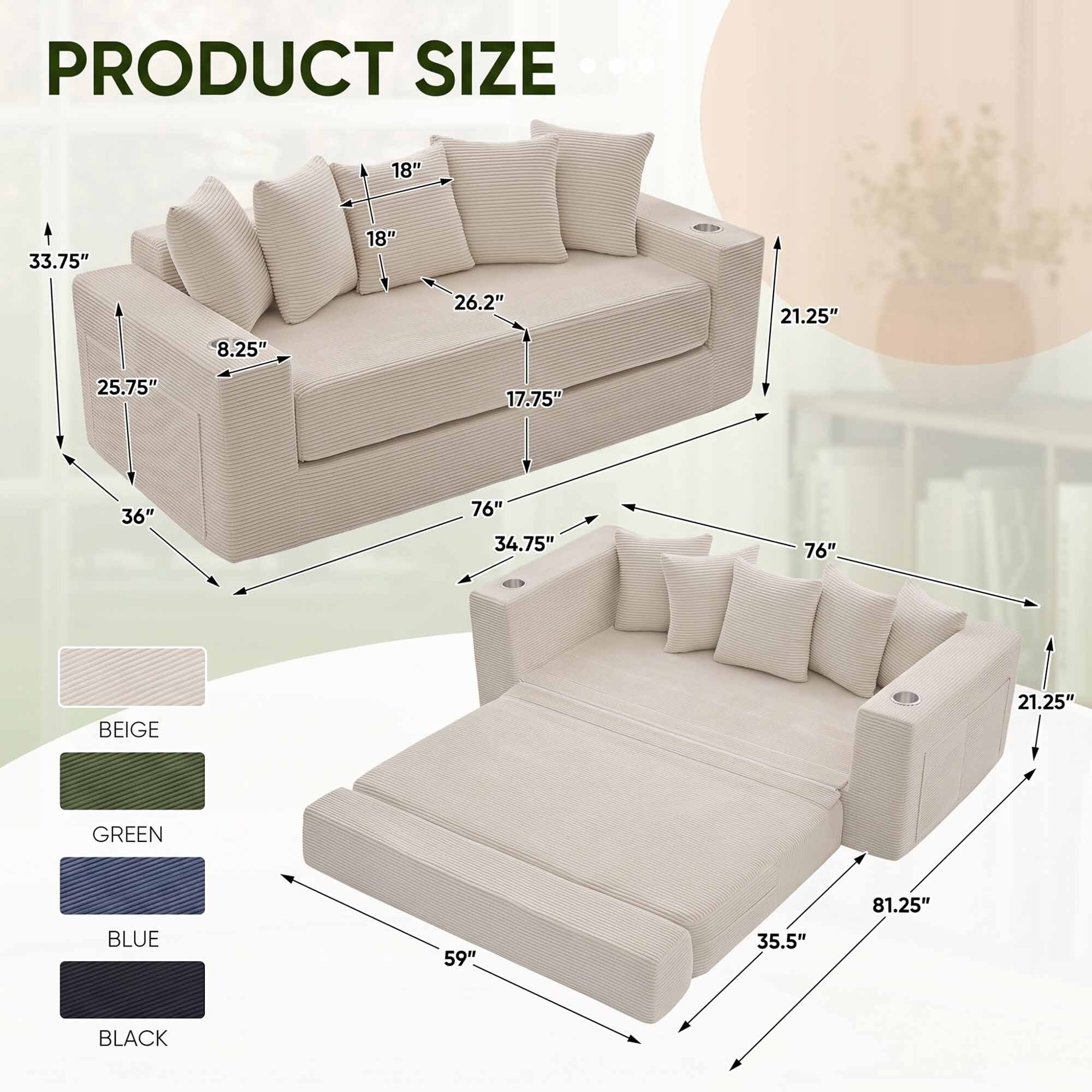 Lunale Convertible Sleeper Sofa Bed, Boneless Futon Cloud Couch, No Assembly Required, Pull Out Floor Couch Bed for Living Room, Beige Corduroy