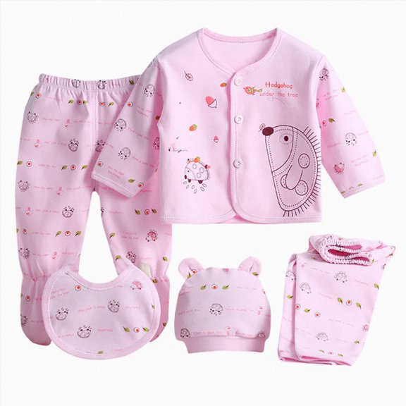 Xudanell Baby Girl Summer Clothes Newborn Baby Girl Outfit Cartoon Long Sleeve Top Pants Hat Bib 5 Piece Set Spring Pink 0-3 Months