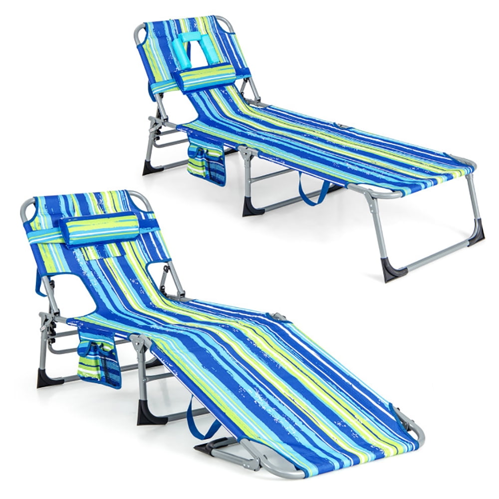 Aimee Lii Folding Beach Lounge Chair with Pillow for Outdoor, Patio Loungers, Blue & Green
