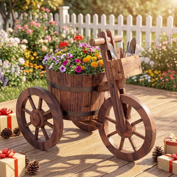ELLEGNT Rustic Wood Tricycle Planter Cart – Includes Barrel Pot & Storage Box for Patio or Outdoor  Garden