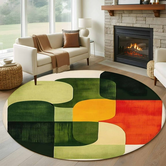 Green Geometric Round Rug 5ft Washable Circle Kitchen Rugs Non Slip Modern Orange Abstract Lines Art Large Area Rug Indoor Floor Carpet for Bedroom Living Room Home Office Dining Room Nursery
