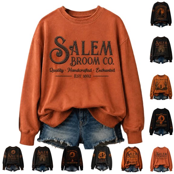 Halloween Crew Neck Sweatshirts Women Salem Broom Company Pullover Tops Funny Party Fall Fashion Womens Sweatshirt Brown L