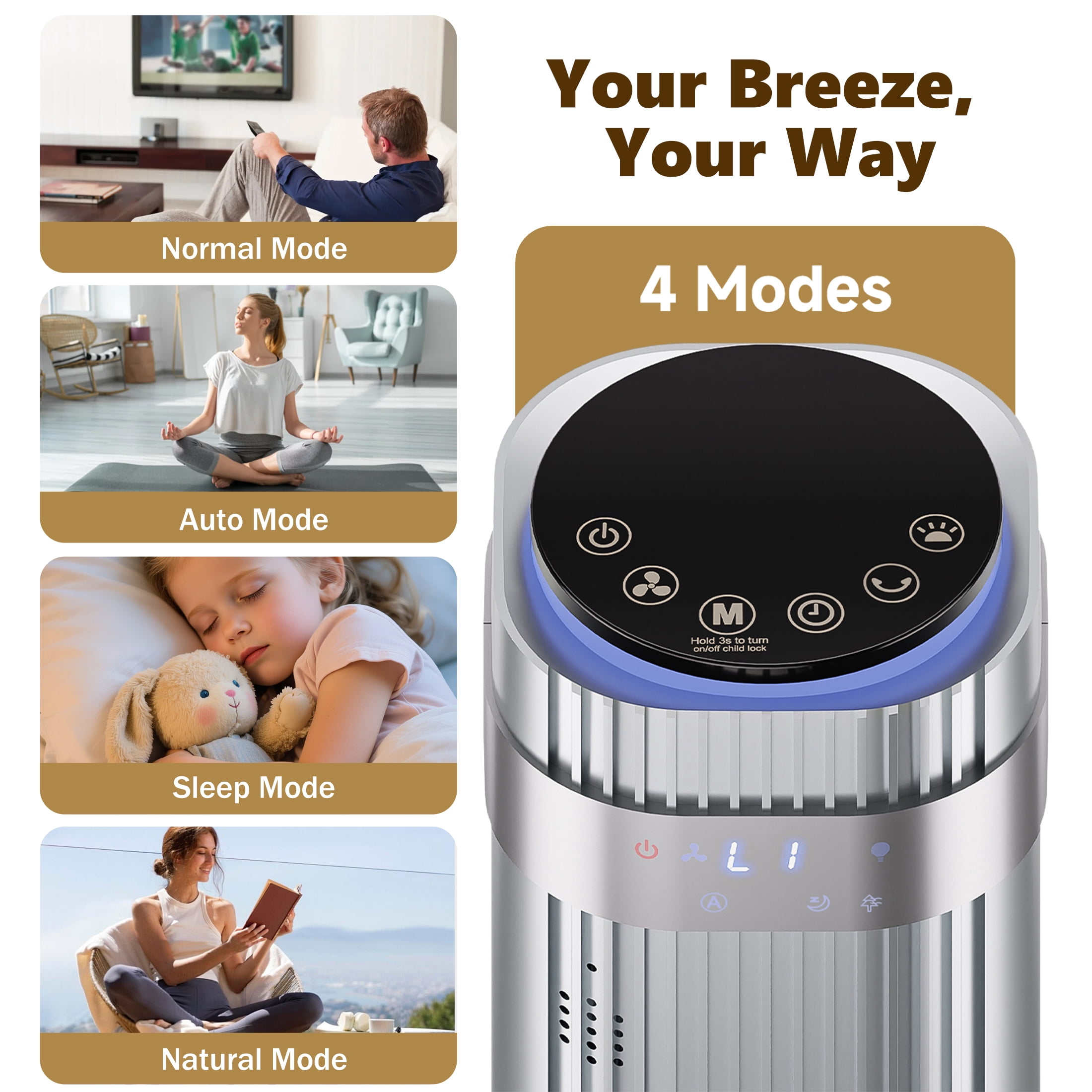 SHOUFTW 36 inch Tower Fan with Remote Control, Oscillating Bladeless Floor Fan, 5 Speeds and 4 Modes for Bedroom Home and Office, Silver