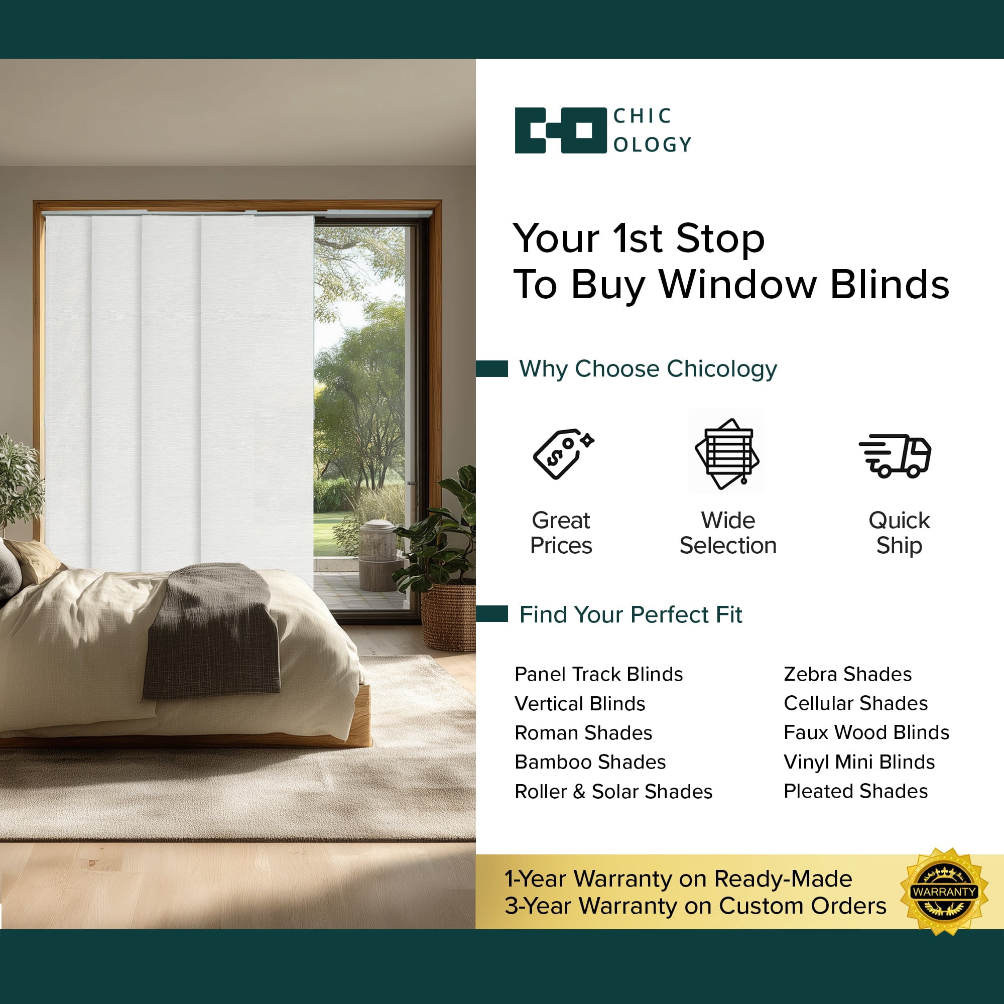 Chicology Adjustable Sliding Panel Blinds. Porcelain, 46"-86"W X 0"-96"H