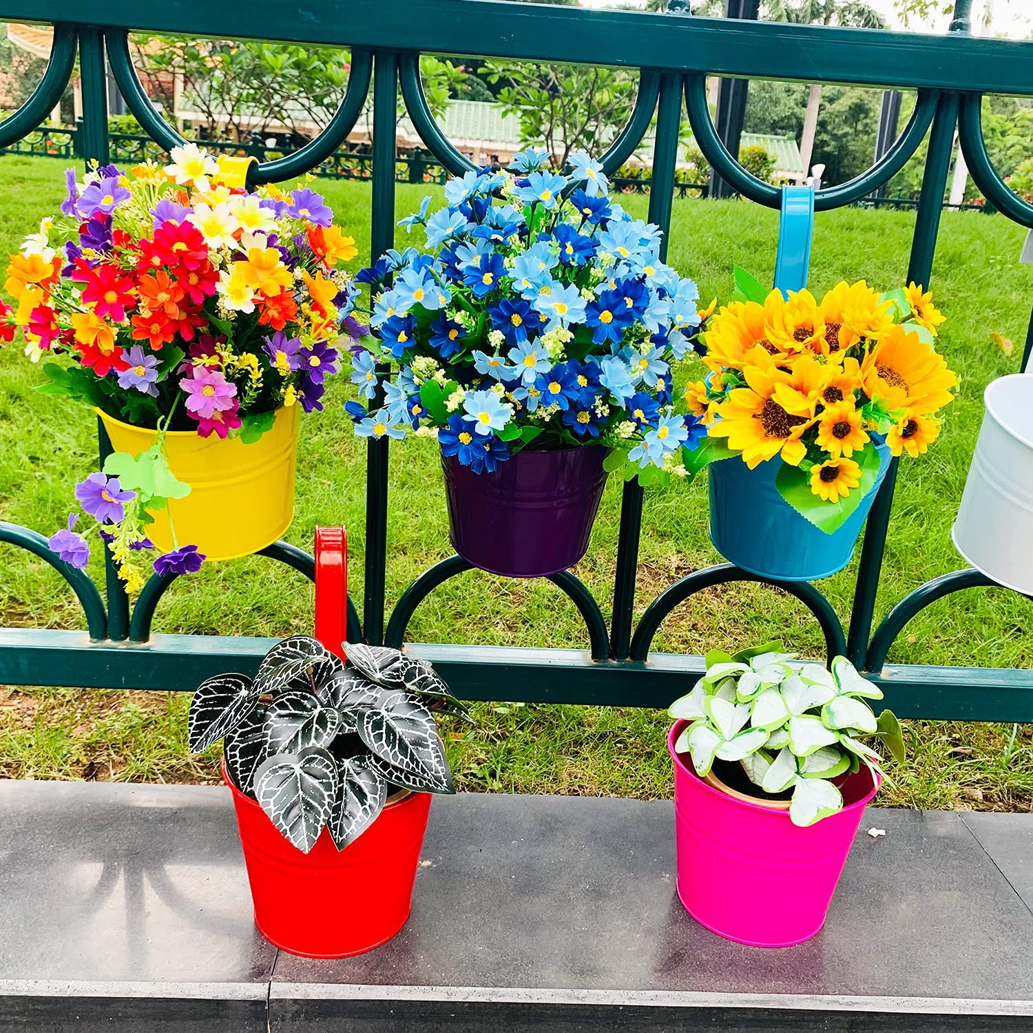 Casewin Hanging Flower Pots,6.3"x 4.7" x 5.3" Iron Hanging Planter Outdoor & Indoor ,Multicolor Bucket Pots with Detachable Hooks, for Railing Fence Balcony Planter Home Decoration, 6PCS