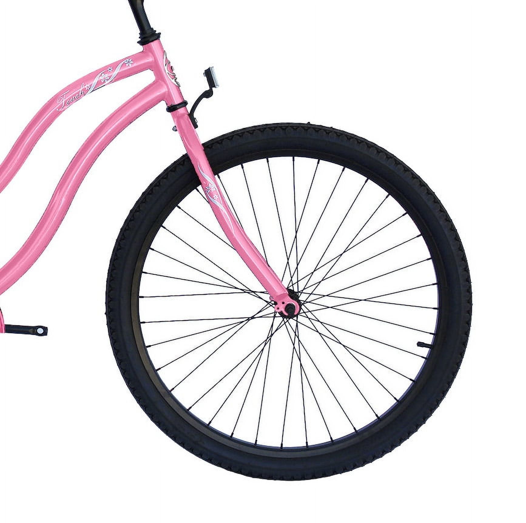 WonderWheels 26" Beach Cruiser Coaster Brake Single Speed Black Spokes One Piece Crank Alloy Black Rims 36H - Pink