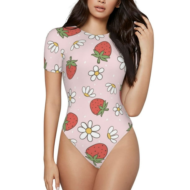 Fotbe Strawberry Floral Body de Mujer con Cuello Redondo y Mangas Cortas, Sin Mangas Ajustado, Suave, Cómodo y Básico-XX-Large