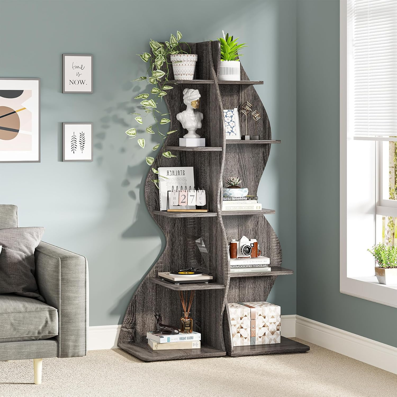 Tribesigns Corner Shelf, Modern 5-Tier Corner Bookshelf, Stylish Corner Bookcase Plant Stand (Gray)