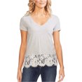 thumbnail image 1 of Vince Camuto Womens Lace Border Embellished T-Shirt, Grey, Small, 1 of 1