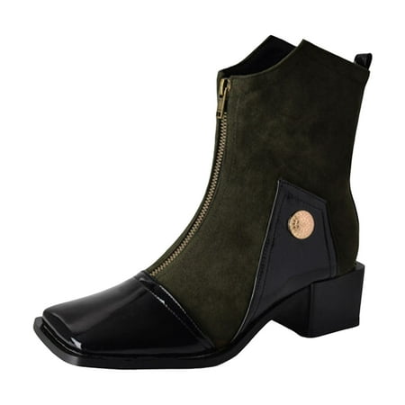 OJSFQUFP Womens Booties Ladies Leather Suede Square Toe Flat Toe Heel Splicing Large Size Boots Ankle Boots Short Boots Waterproof Shoes for Women Green 39