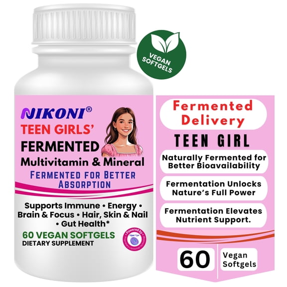 Nikoni Teen Girls' Fermented Multivitamin Mineral Vegan Softgels for Better Absorption 60 Count
