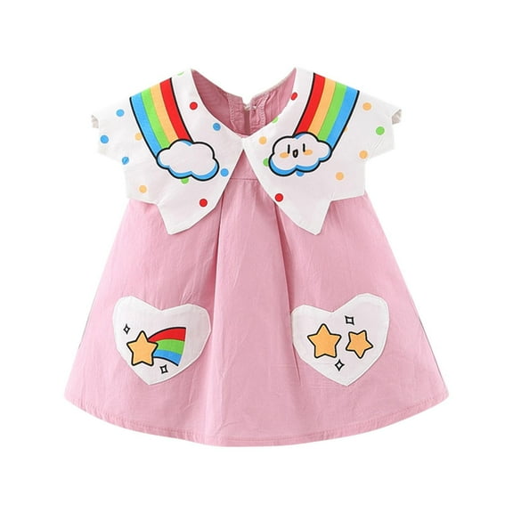 Zwiiyzr Toddler Girl Summer Dress Baby Rainbow Print Doll Collar Sleeveless Contrast Color Dress for 6 Months-3 Years Baby Clothes Pink