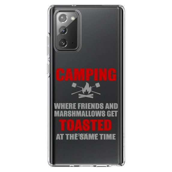 DistinctInk Clear Shockproof Hybrid Case for Samsung Galaxy Note 20 (6.7" Screen) - TPU Bumper Acrylic Back Tempered Glass Screen Protector - Camping - Friends & Marshmallows Get Toasted