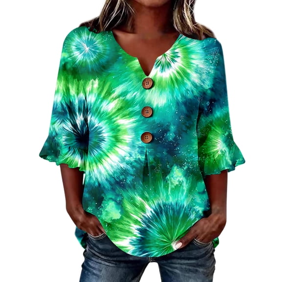 Women's Casual 3/4 Sleeve T-Shirts Trendy Button Tie Dye V Neck 3/4 Sleeve Basic Summer Tops Multicolor L