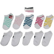 Fila Kids Girls 10-Pack Half Cushion No Show Socks with Hair Ties Striped - White, Girls Large Shoe Sizes 4-10