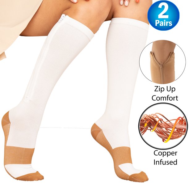 Medias de compresión con cremallera de cobre y punta cerrada hasta la rodilla. Suaves y transpirables, ofrecen soporte, reducen la hinchazón y mejoran la circulación. Blancas, talla grande (2 pares).