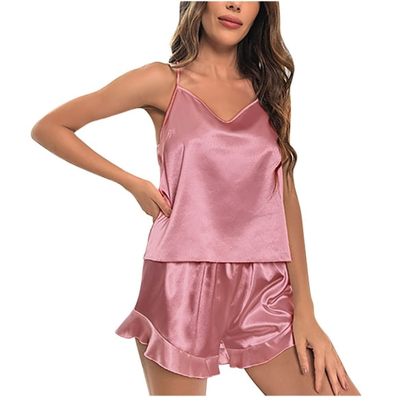 Pajamas Set Soft Women Satin Sleepwear Lingerie 2 Piece Silk Pjs Cami top and Ruffle Shorts Sleep Camisole Nightwear
