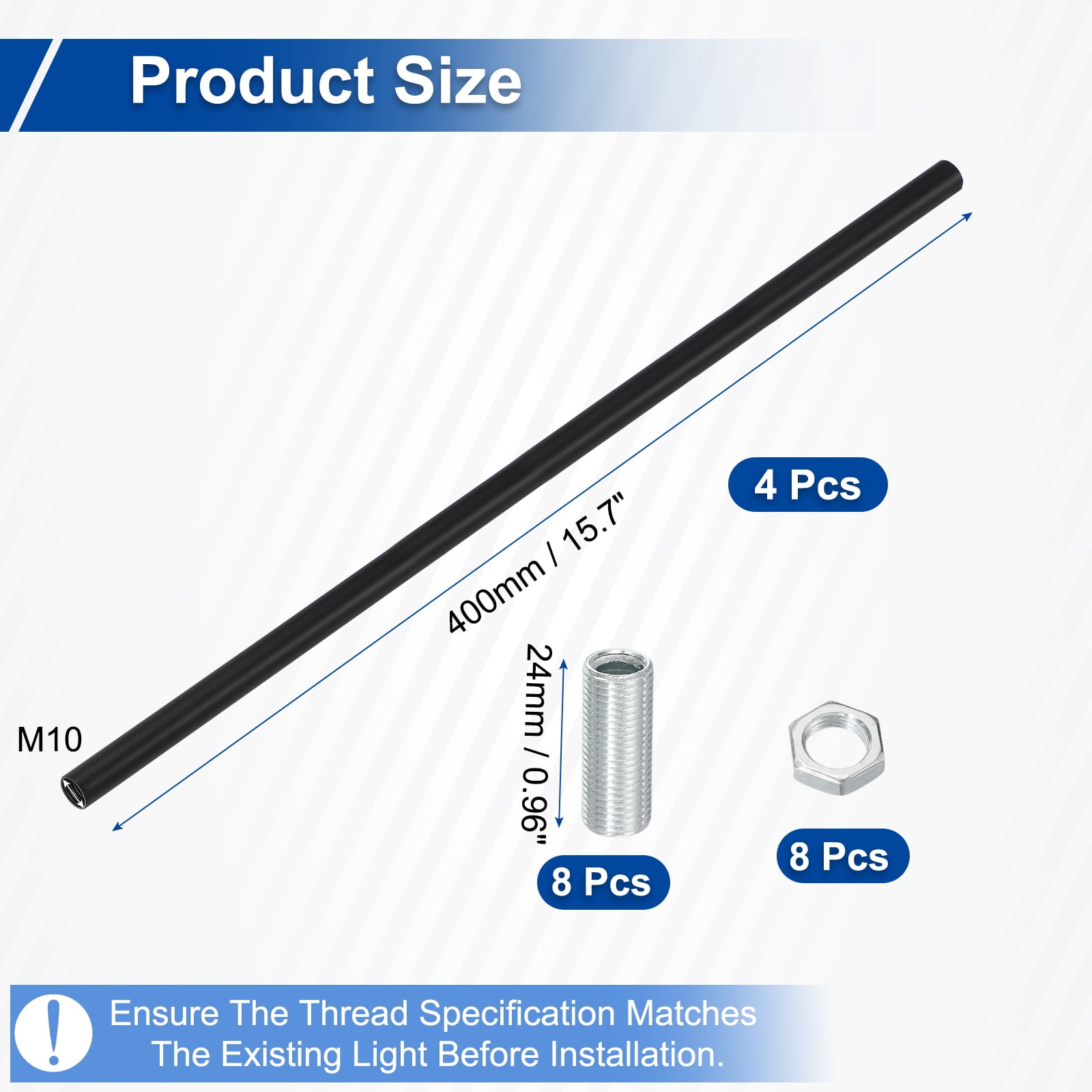 Lighting Fixture Downrods M10 x 15.7'', 4 Set Threaded Extension Rod Lamp Rod Light Fixture Part in Electroplated Iron for Pendant Light Island Lighting Chandelier Indoor, Black
