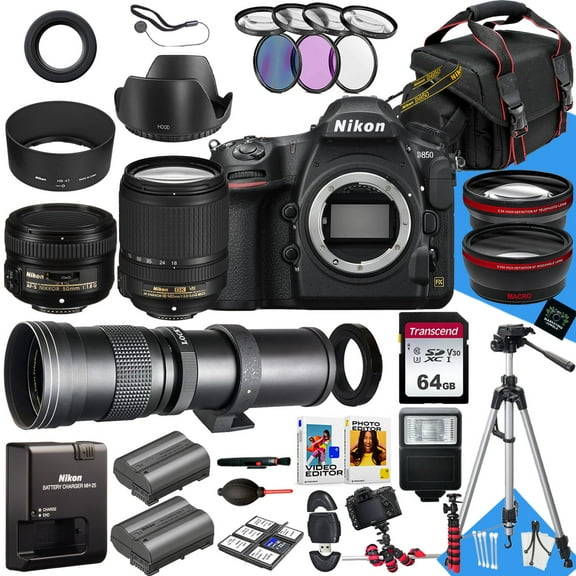 Nikon D850 DSLR Camera with AF-S DX 18-140mm f/3.5-5.6G ED VR Lens, AF-S 50mm f/1.8G Lens And 500mm Lens   64 GB Memory   Extra Battery   Filters   Tripod   More (40pc Bundle)