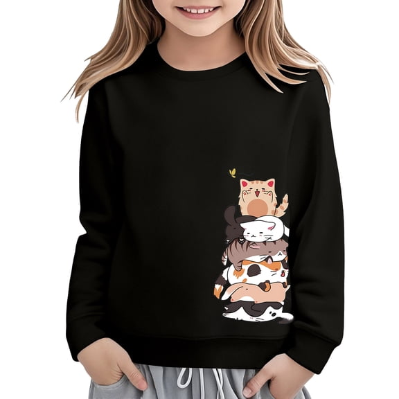 Tiijoy Girls Cute Cat Graphic Sweatshirt Long Sleeve Crewneck Pullover, Black, Sizes 1-14