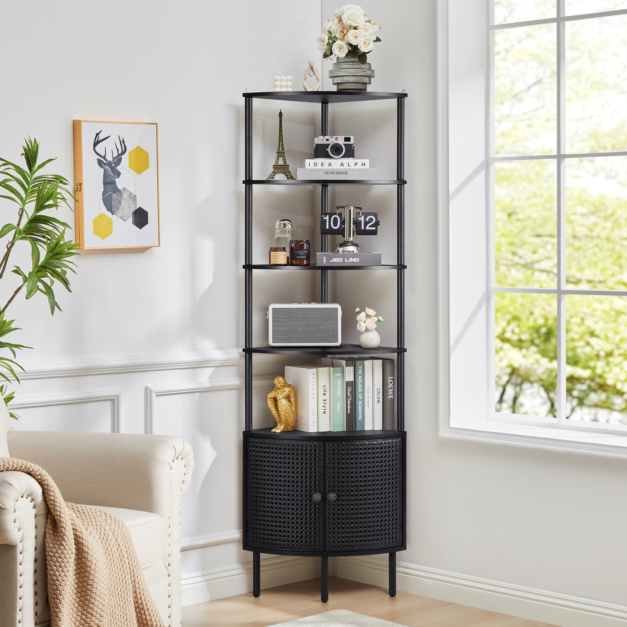 YOCWO 67" Tall Corner Bookshelf with 4-Tier Display Shelves and 2 Door Storage Cabinet, Metal Rattan Door Design, Black