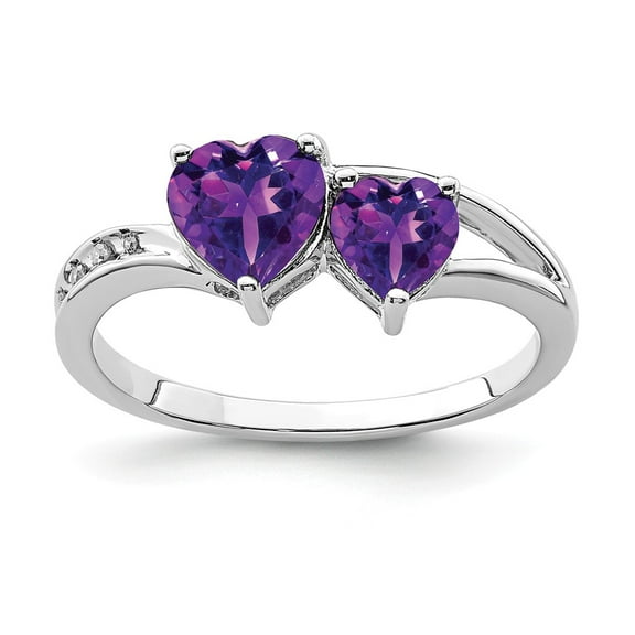White Sterling Silver Ring Band Gemstone Diamond Round Amethyst Heart Purple