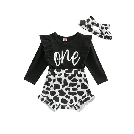 

Amuver Infant Baby Girl Spring Romper Cow/Leopard Letter Print Long Sleeve Crew Neck Fake Two Pieces Ruffled Jumpsuit + Headband