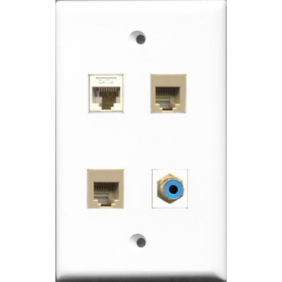 RiteAV 1 Port RCA Blue 2 Port Phone RJ11 RJ12 Beige and 1 Port Cat6 Ethernet White Wall Plate