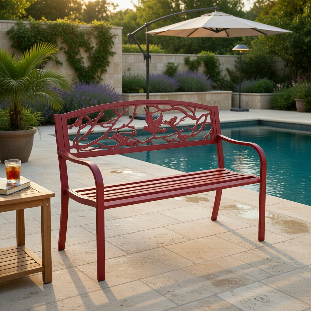 Hommoo Steel & Cast Iron Outdoor Garden Bench for Patio, Yard, Deck or Park, with Ergonomic Backrest and Armrests, Red