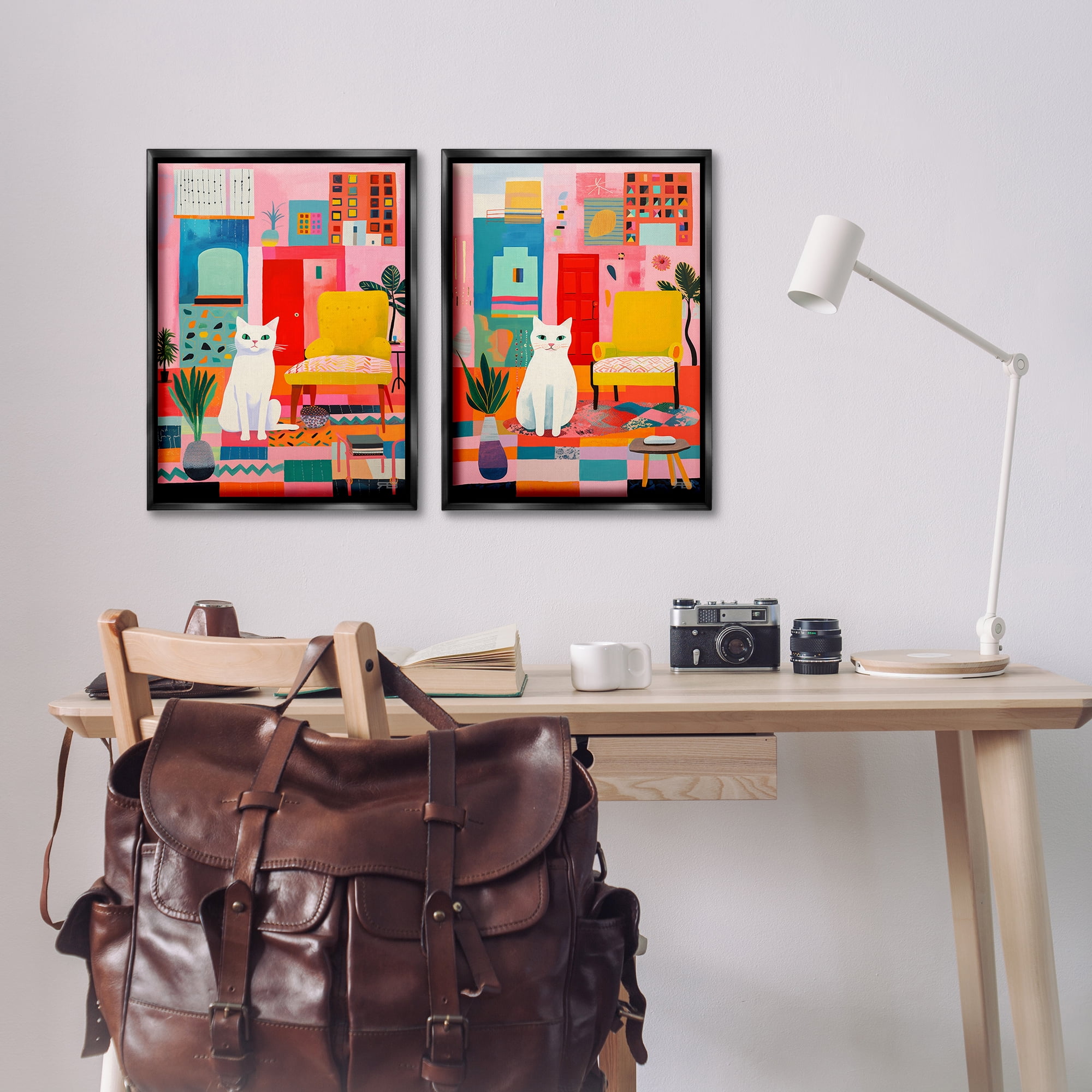 Stupell Industries Bright Room Sitting Cat Furniture Painting Black Floater Framed Canvas Art Print Wall Art, 17 x 25, Set of 2
