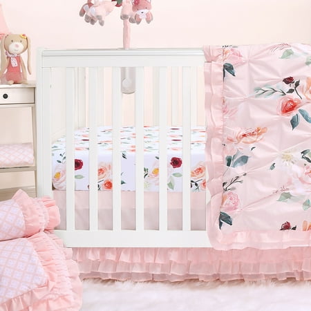 Rose Watercolor Floral Blush Pink 4 Piece Baby Girl Crib Bedding