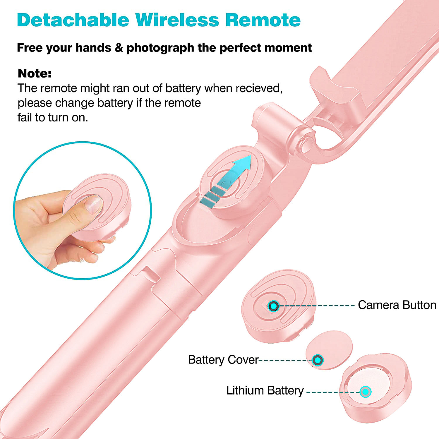 TiokMc Wireless Selfie Stick Tripod, 26 Inches Extendable, Pink photo 3